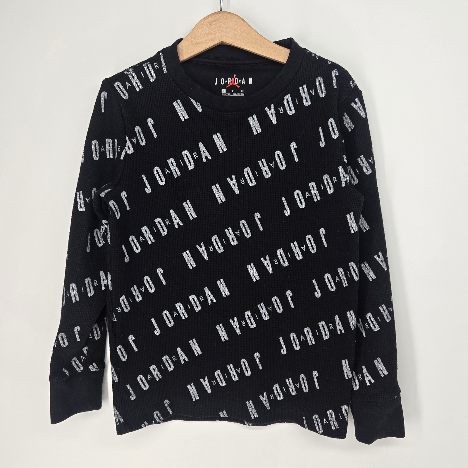 Jordan Shirt Boys Small 8-10 Black Long Sleeve Thermal Waffle Knit Logo Print